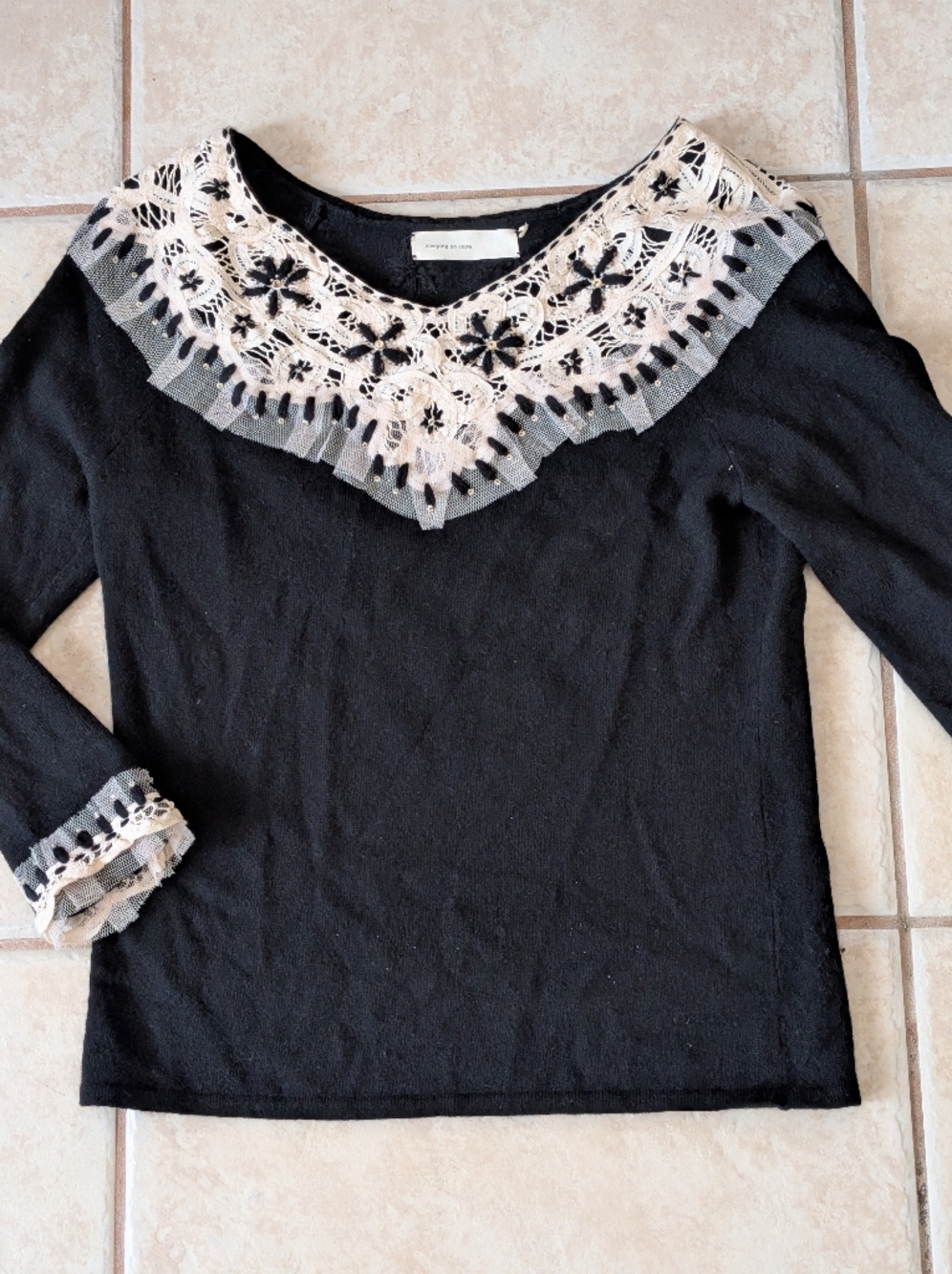 Anthropologie Sleeping on Snow Black Sweater With Lace Accents Size Small